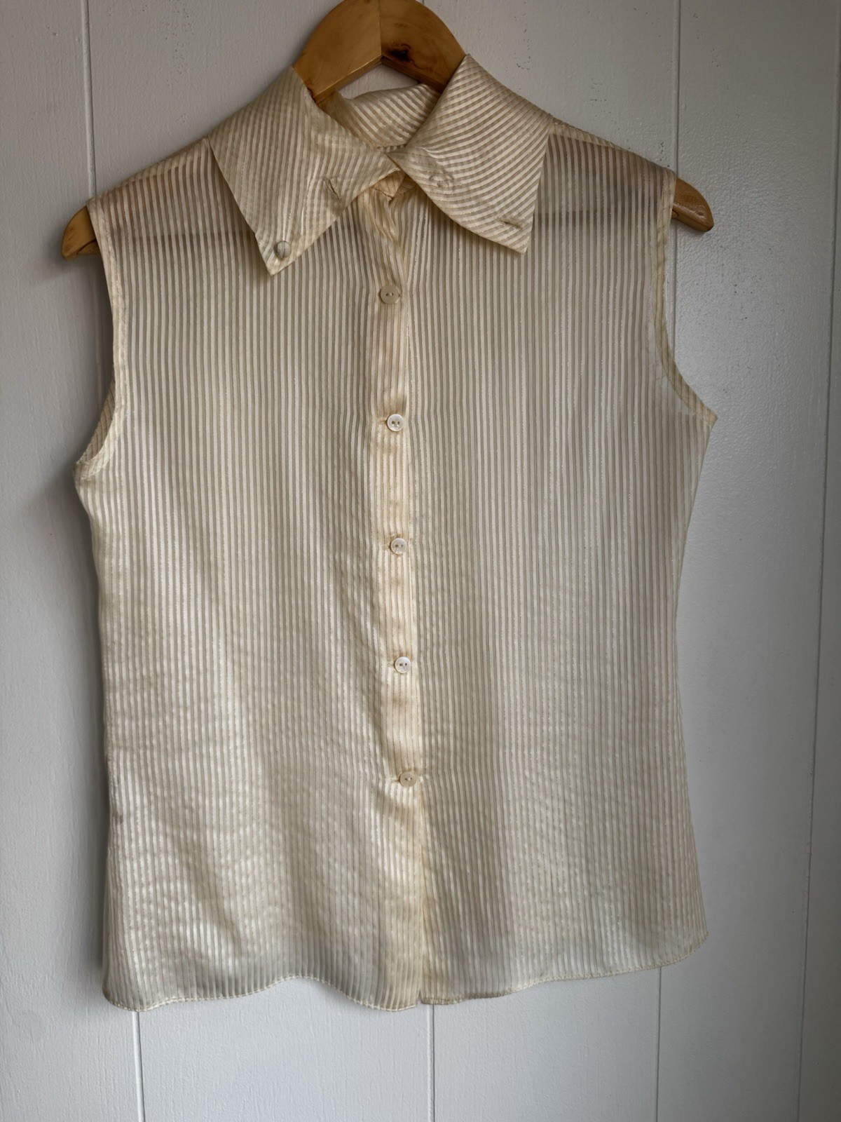 St. John 100% Silk Satin Sleeveless Collared Button-Up Striped Ivory 4