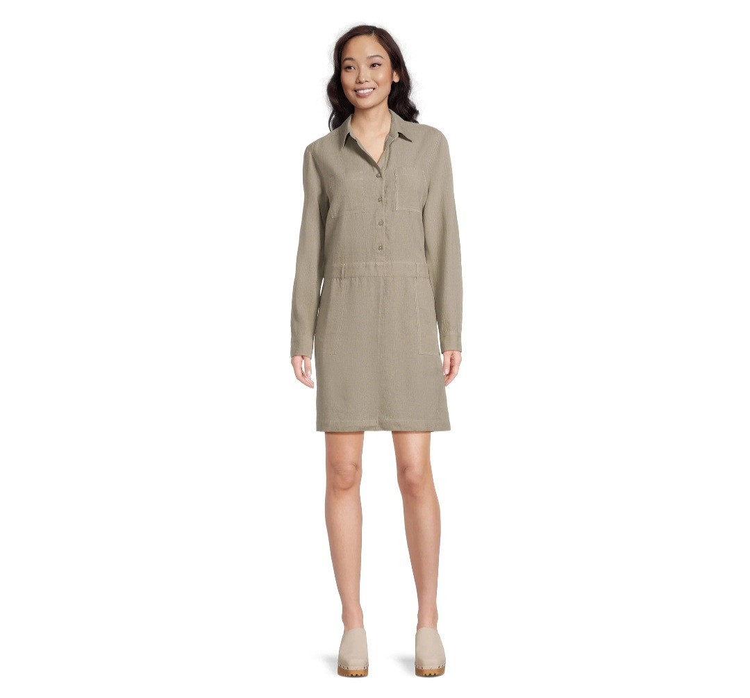 Beach Lunch Lounge Utility Dress Roll Tab Sleeve Pockets Tan Linen Blend, XS