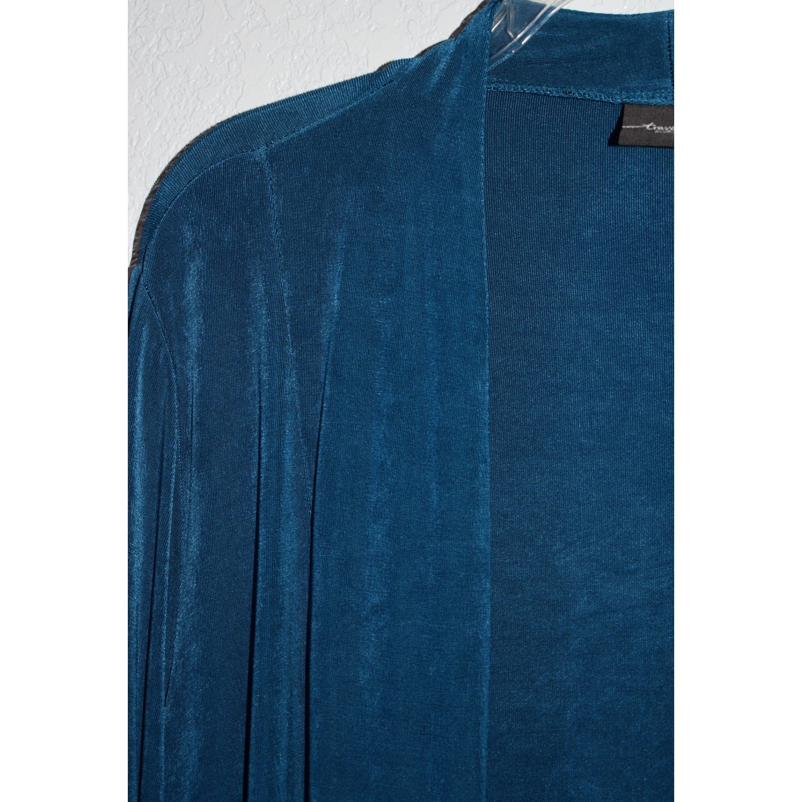 Chicos Travelers Teal Blue Open Front Slinky Knit Cardigan Jacket Size 3 XL
