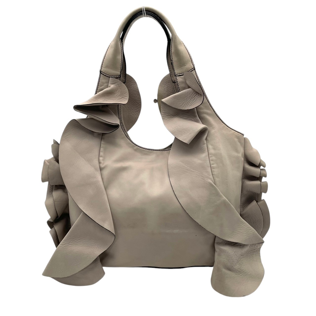 Authentic VALENTINO GARAVANI Ruffle Hobo Bag Handbag Leather Gray Women