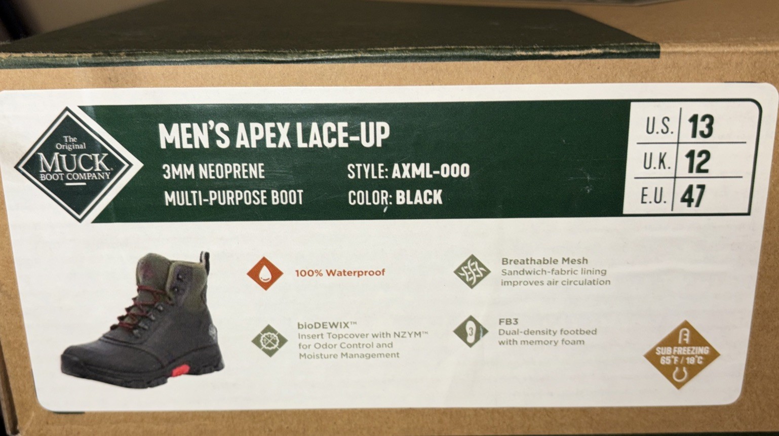 Muck Boots Men’s Apex Lace Up Boot Size 13 3mm Neoprene Waterproof