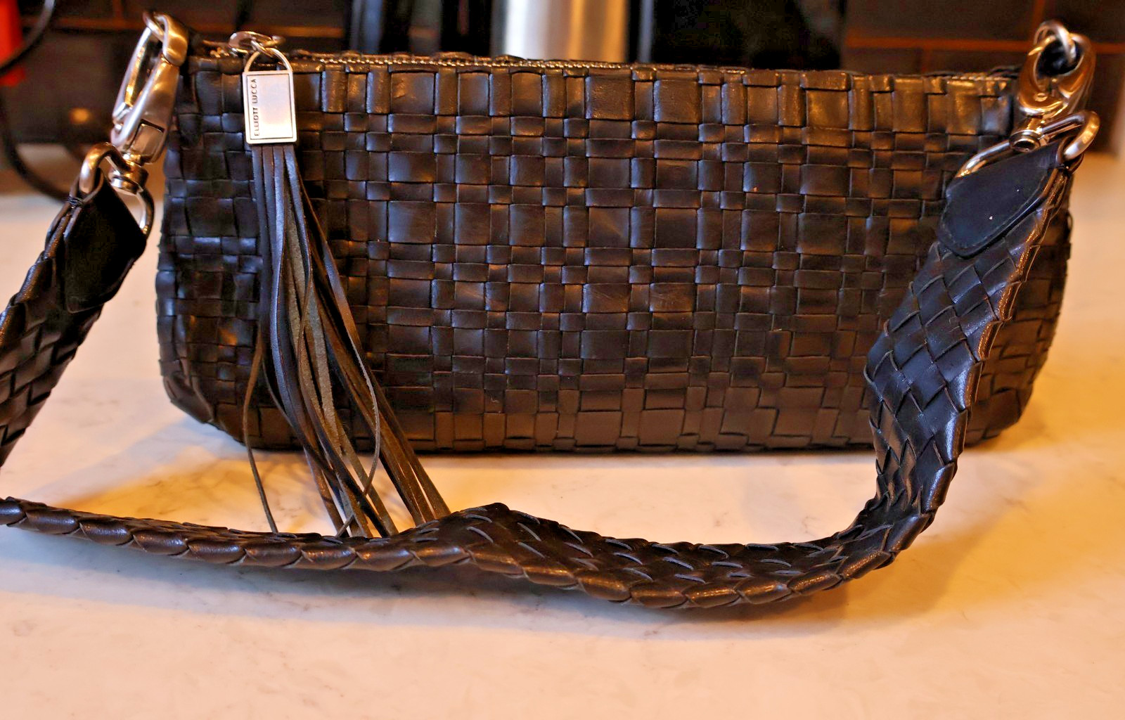 EXCELLENT WOVEN Elliott Lucca BLACK Leather Handbag Purse SHOULDER CLUTCH 11″X5″