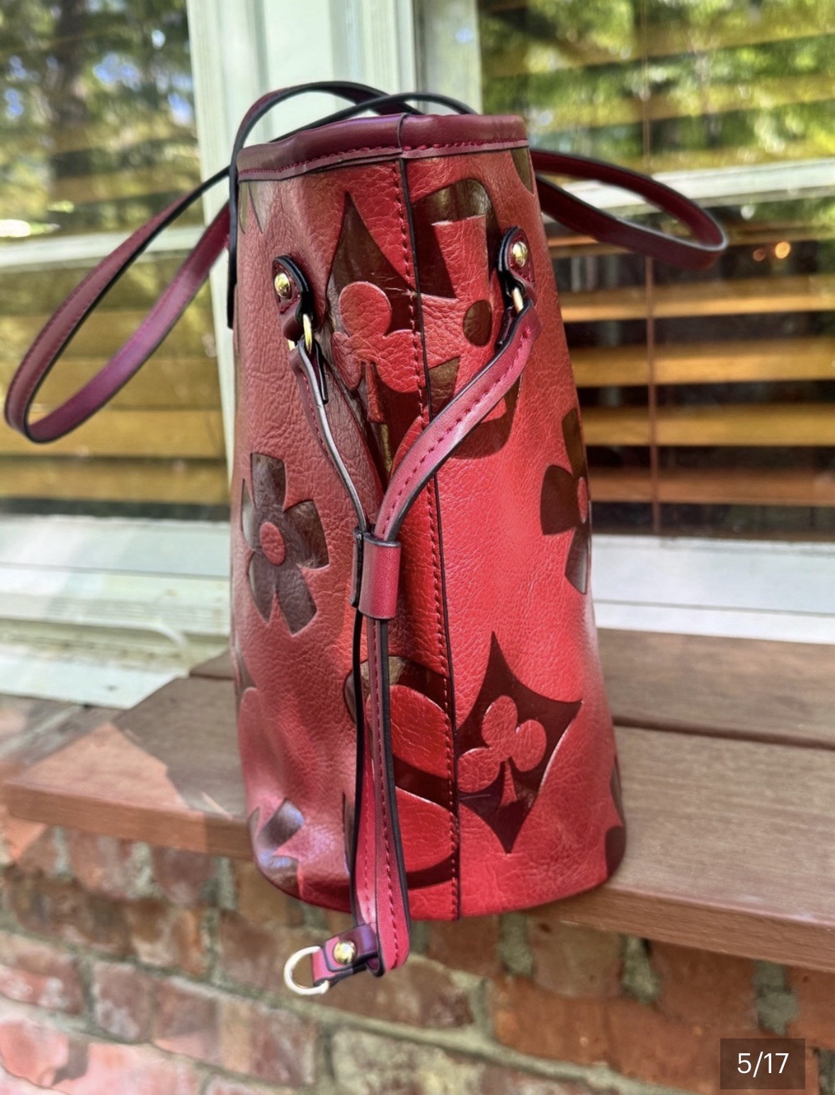 Red embossed floral vegan leather tote w/ CB Strap & Zip Pouch