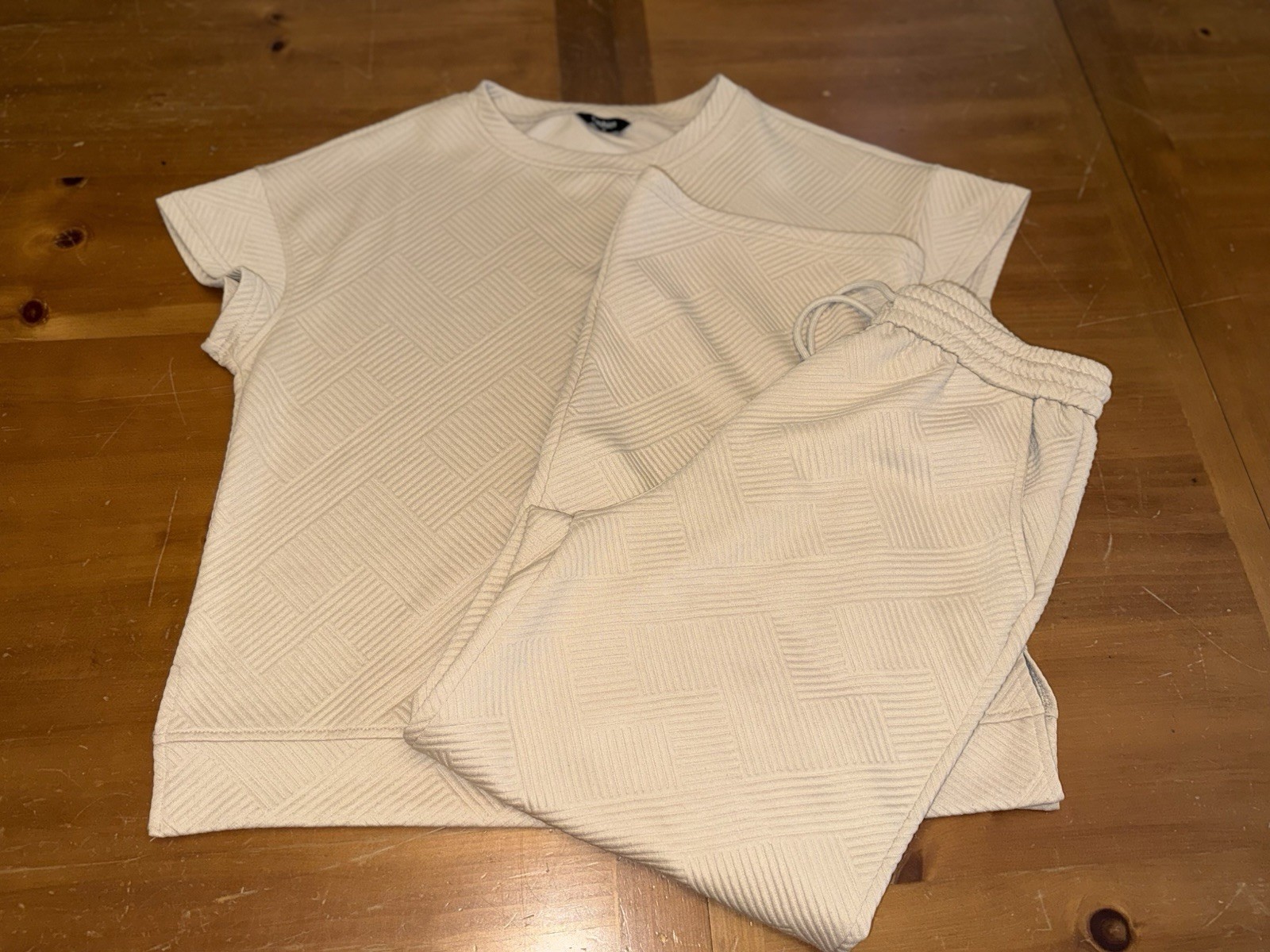 Lounge Pant Shirt Set Tan Wide Leg Sz M Comfy Casual Travel Beachy Stretch Chic