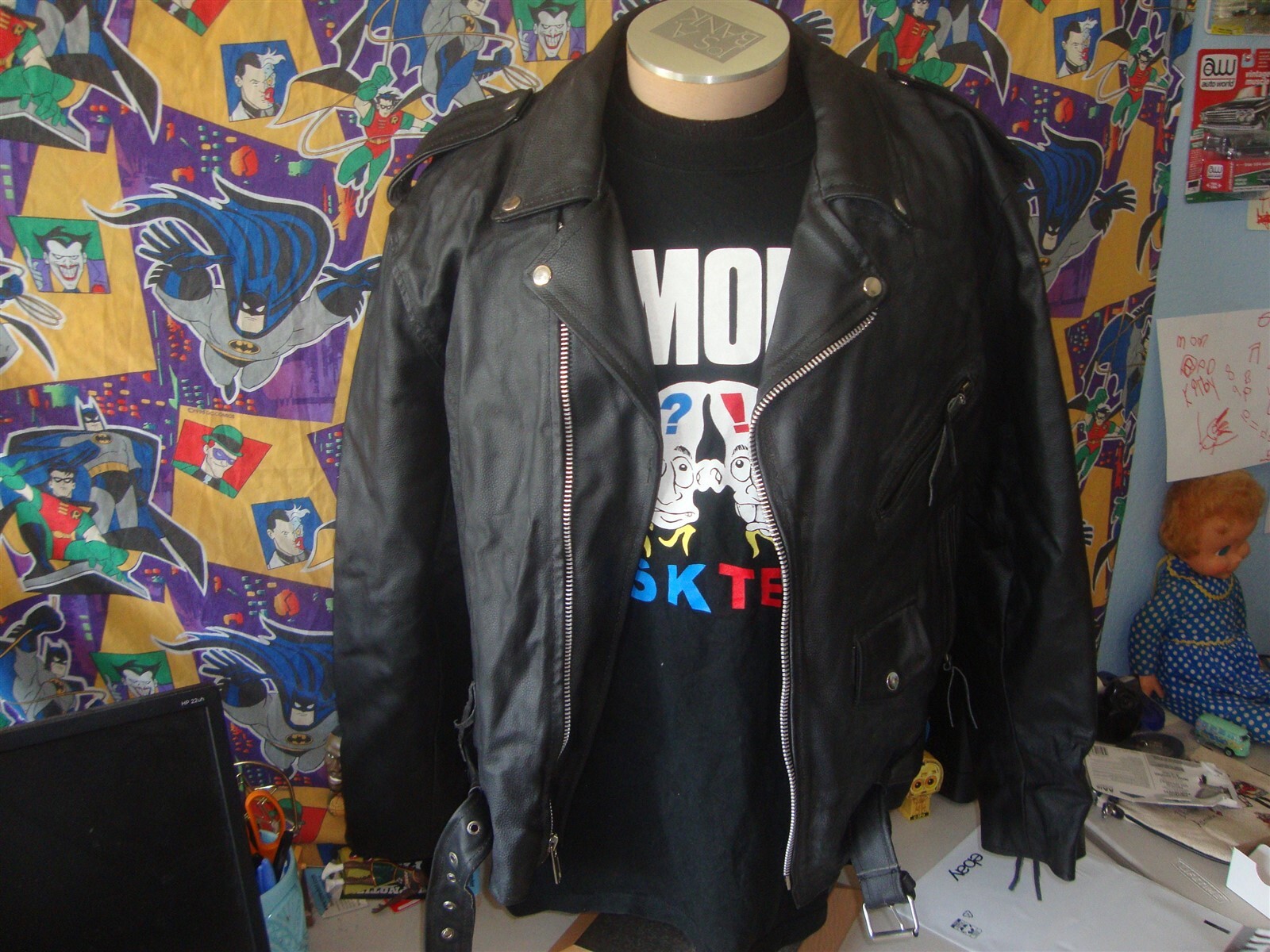 Vtg Blk Leather Motorcycle Biker Punk Rock Ramones style Genuine Jacket Sz 40 L