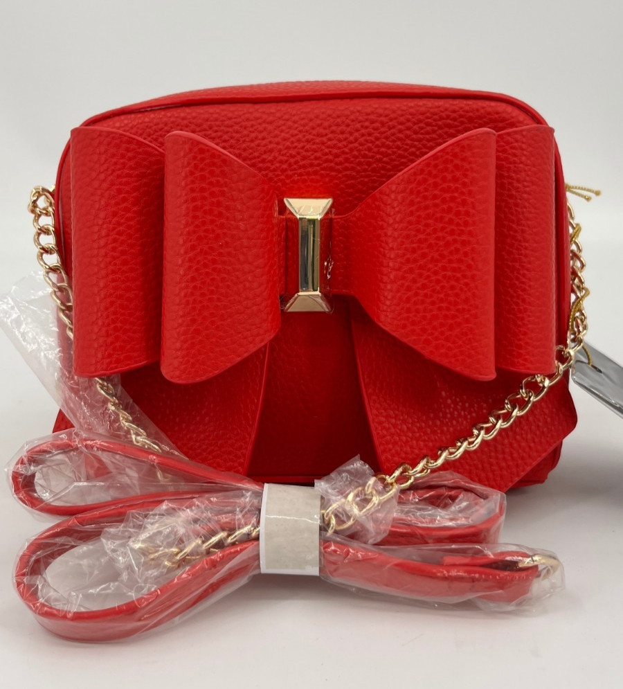 Crossi Chloe Bow Crossbody Red Faux Leather Zip Closure Chain Strap Logo