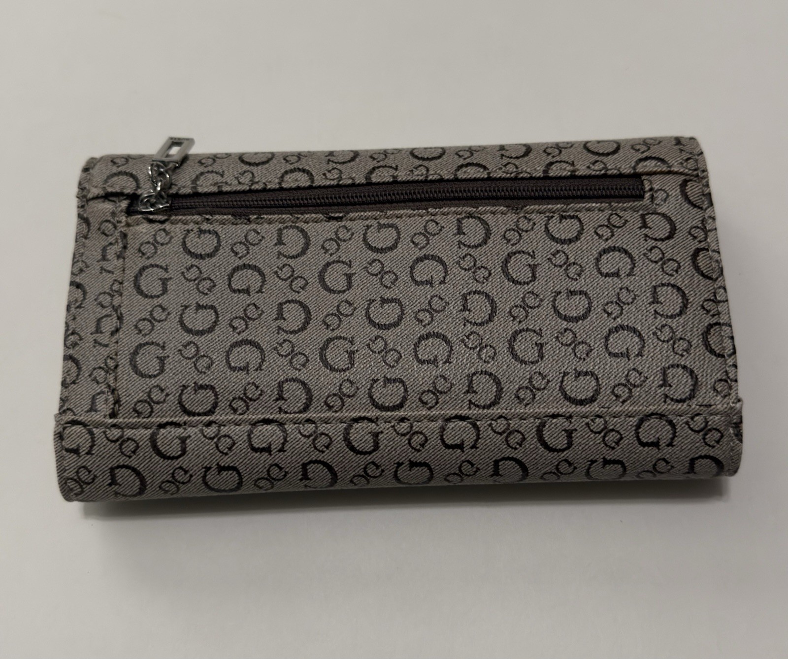 GUESS Women’s Wallet Checkbook Logo Pattern Gray w/ Zip Pocket & ID Window