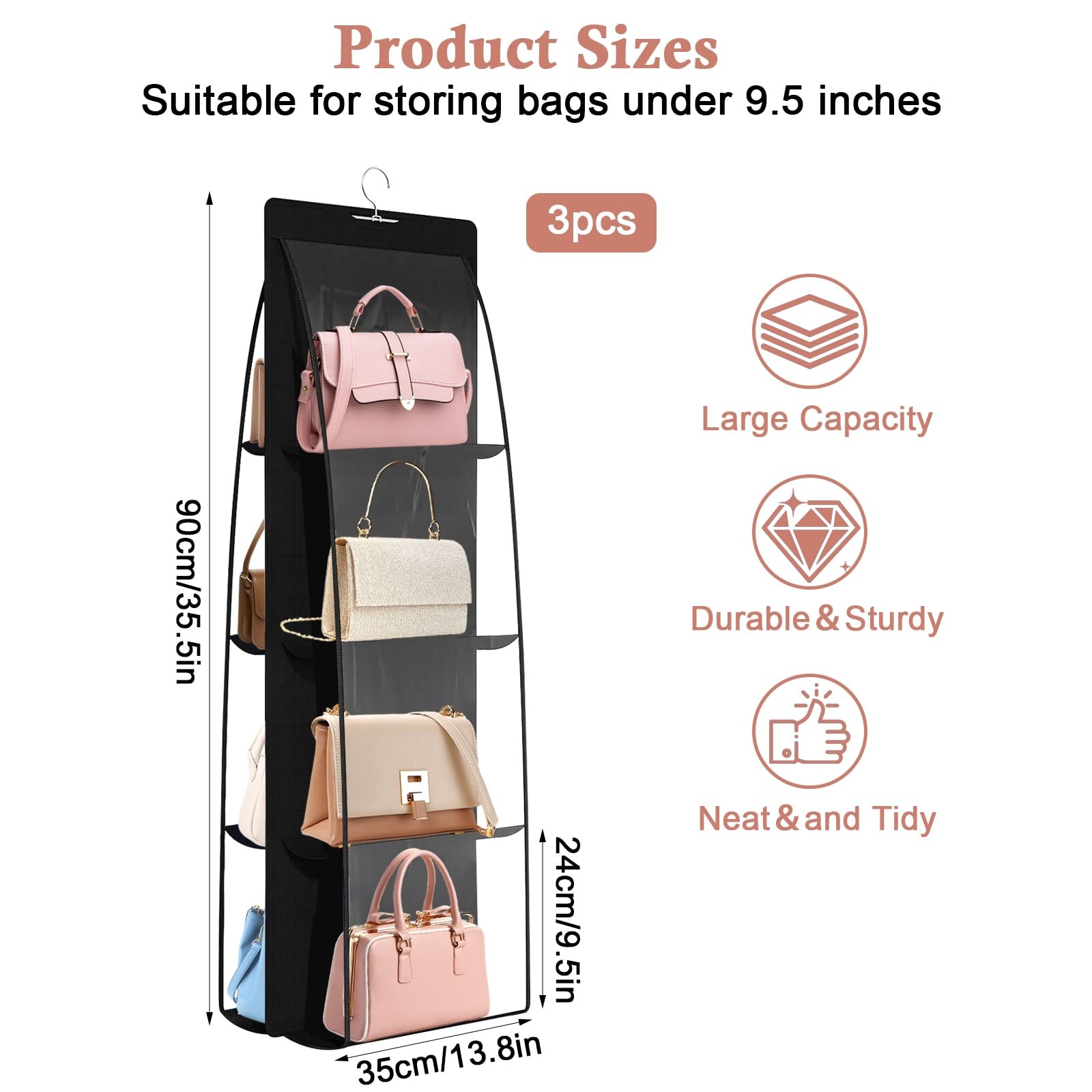 3 Pack Purse Organizer for Closet, 8 Pockets Black Handbag Hanging, Handbag S