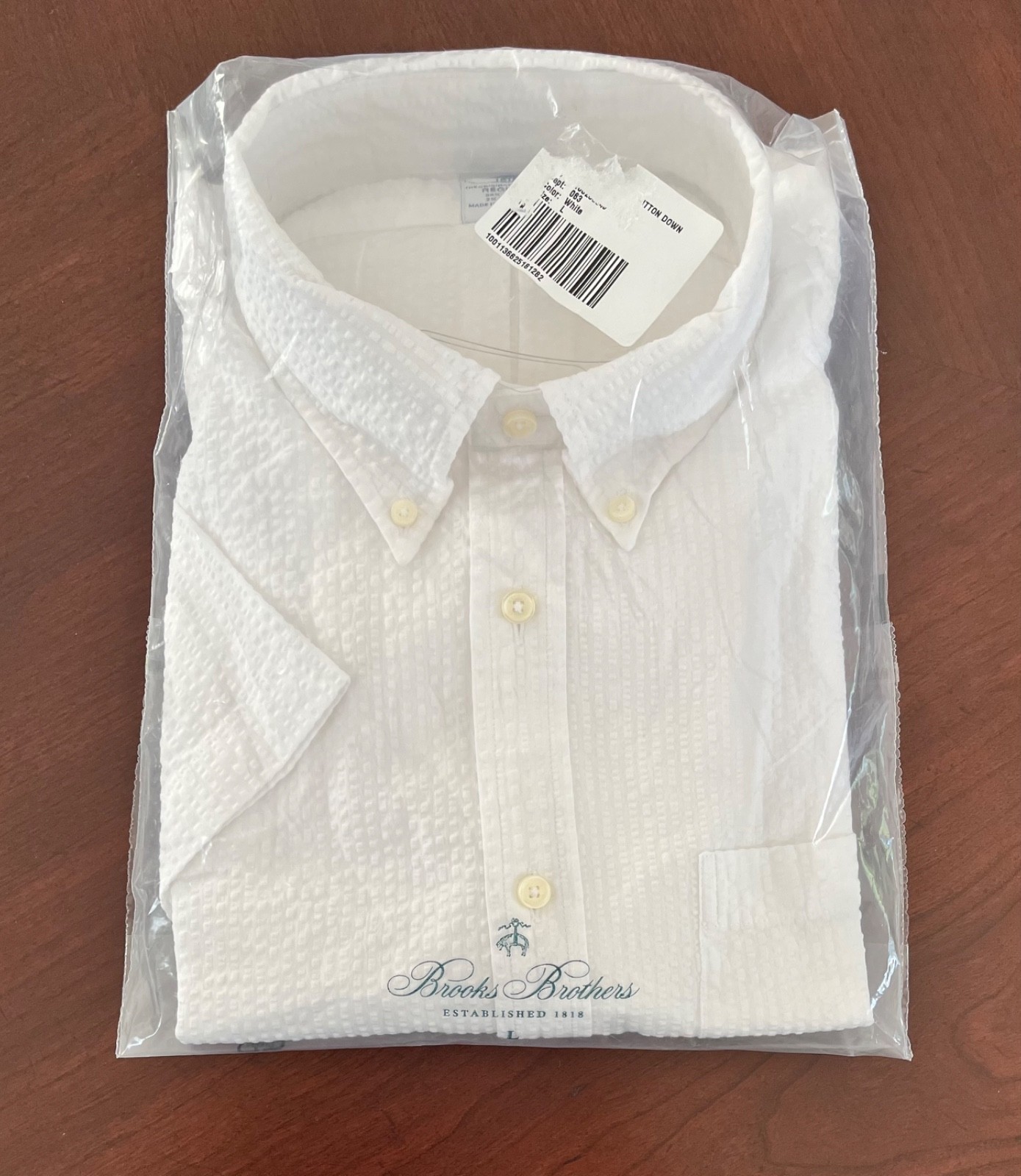 NWT Brooks Brothers Men Seersucker WHITE Button Down Short Sleeve Shirt Sz Lrg