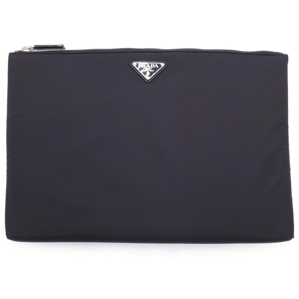 PRADA Tessuto Nero Logo Plate Nylon Clutch Bag Pouch Black 2Ng015 New Condition