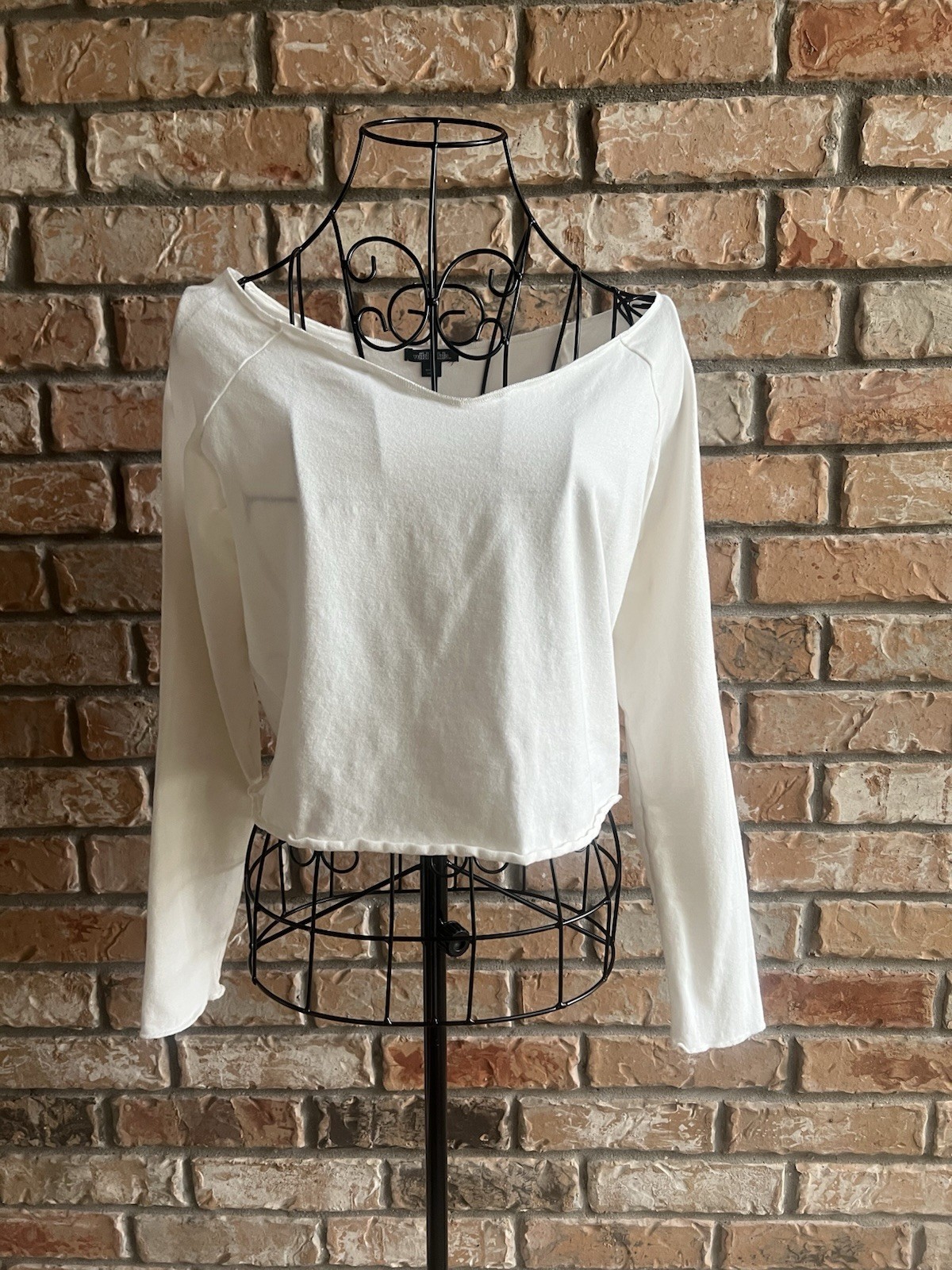 Off Shoulder Knit Top Women Size L Ivory Long Sleeve Stretch Lagenlook