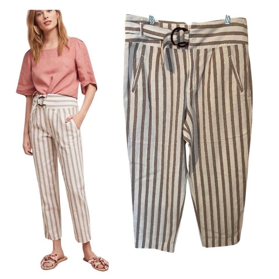 Anthropologie Size 14p Striped Linen Blend Ankle Pants Neutral Clean Girl Beach