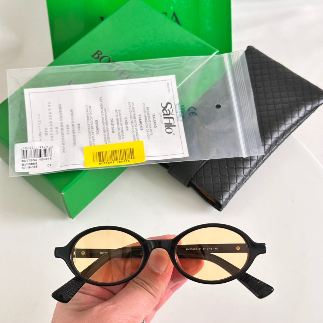 Bottega Veneta BV1388S Black Oval Sunglasses Light Yellow Lens 47-19-145