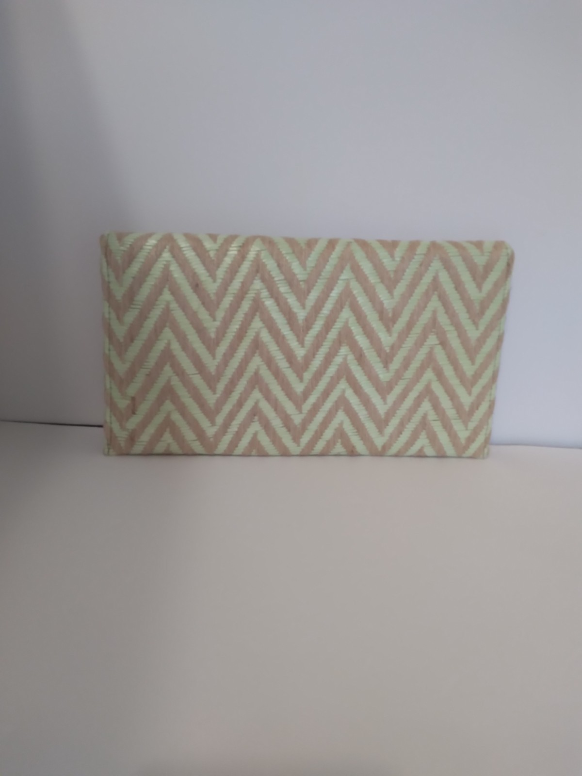 NWT FRANCESCA’S COLLECTIONS LT GREEN/TAN CHEVRON CLUTCH STRAWPURSE WITH CHAIN…