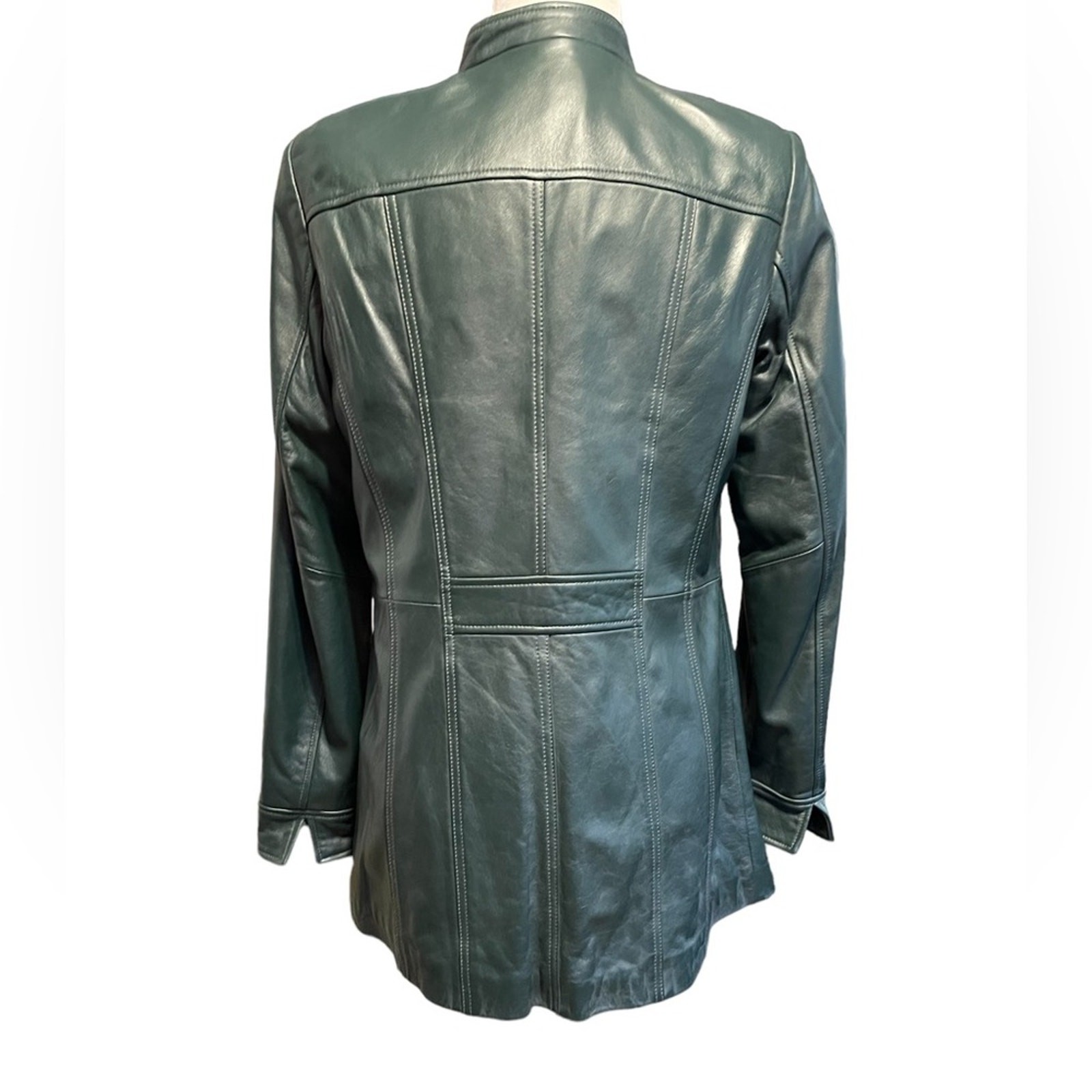 Denim & Co. Size Small Lamb Leather Stand Collar Jacket with Seam Details Green