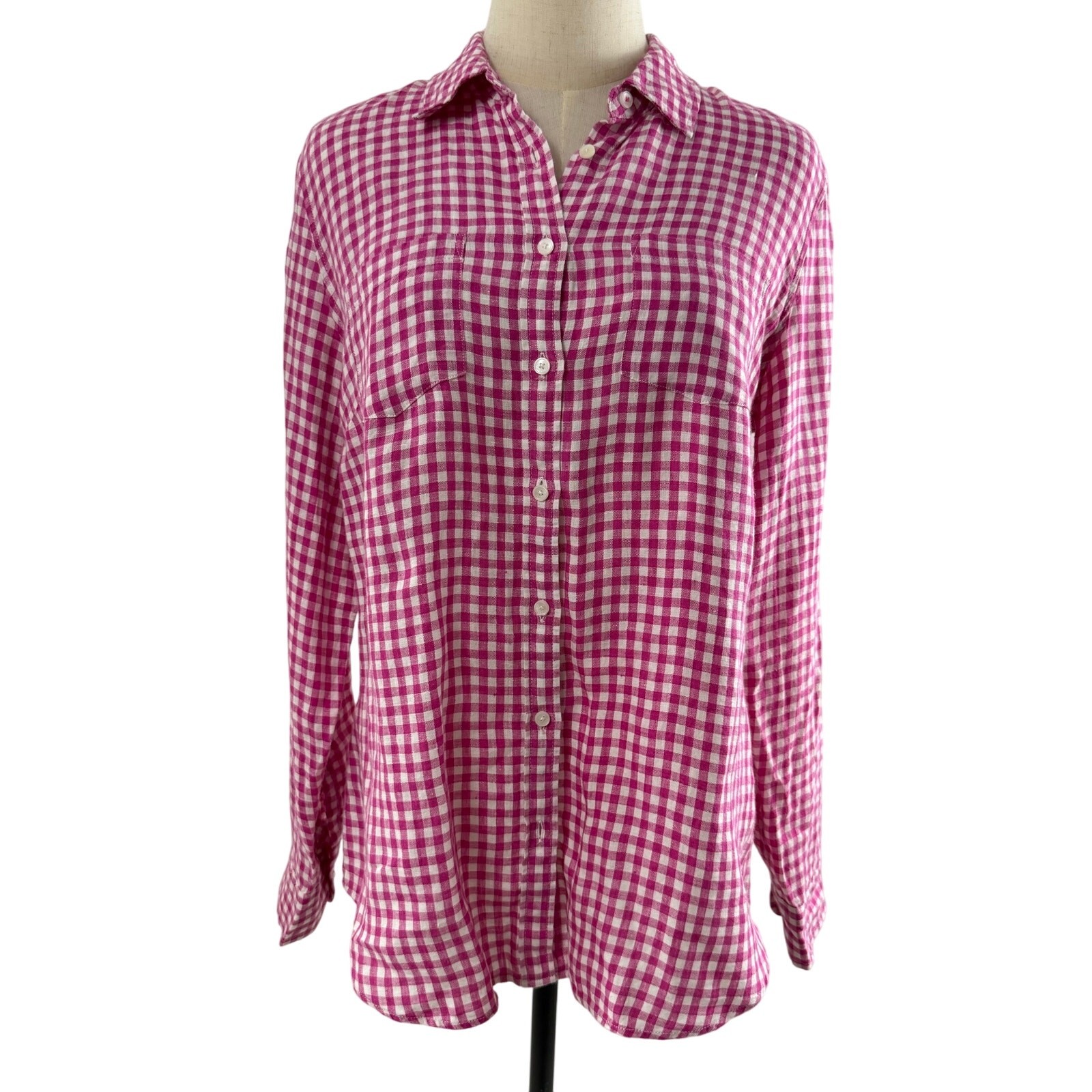 Talbots Preppy Fushia/White Gingham Linen Blend Shirt with Front Pockets, Size M