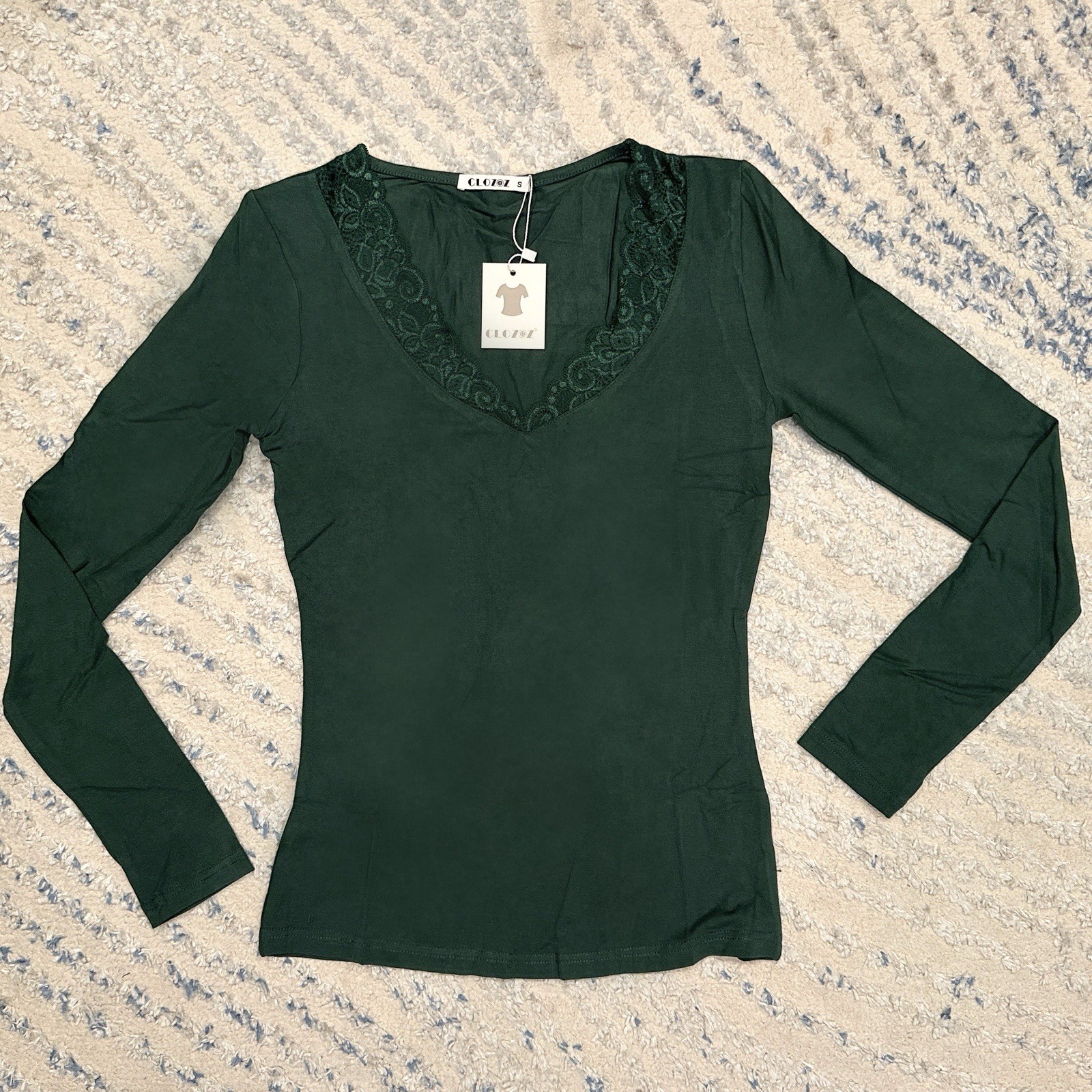 Y2k lace trim babydoll top green Ribbed Pima Cotton V-Neck Long Sleeve Top Small