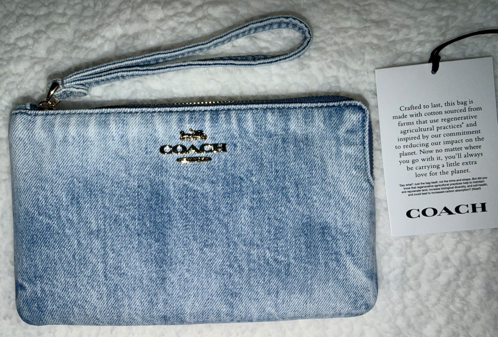 COACH Large Corner Zip Wristlet Loved Denim Gold Light Indigo CEF68 NWT