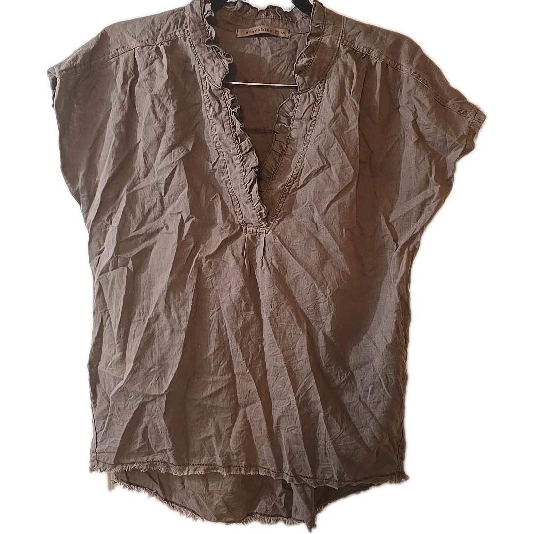 Wearables XCVI Idra Ruffle Linen Blend Brown Top Hi-Low Raw Edge Size Small