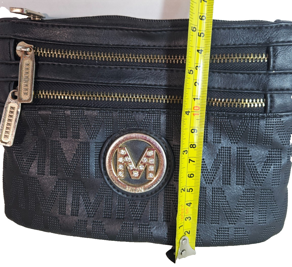 M Collection Black Monogram Crossbody Bag Rhinestone Logo Multi Zip Pockets