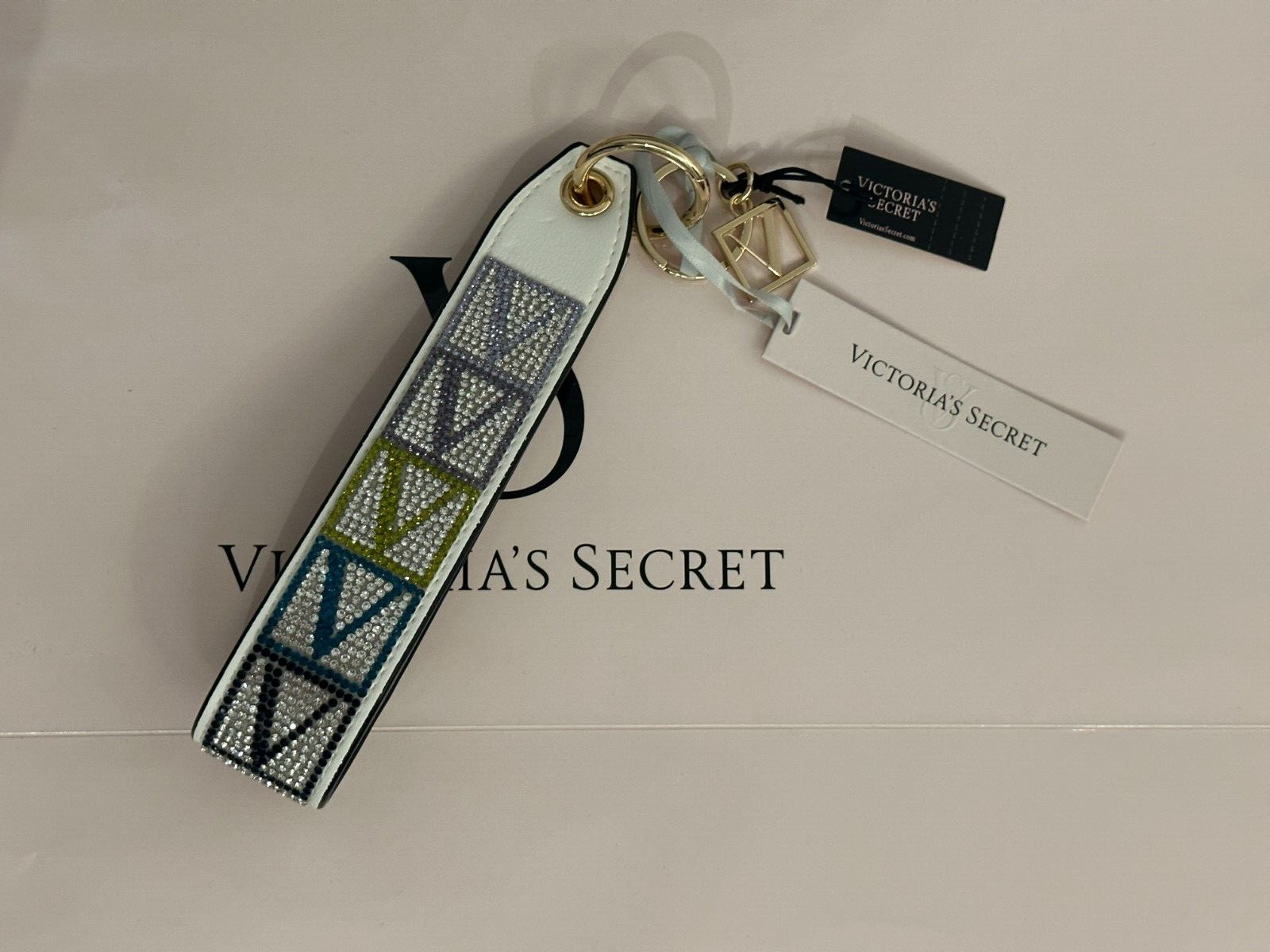 Victoria’s Secret Rhinestone Keychain Wristlet Strap colorblock White V logo