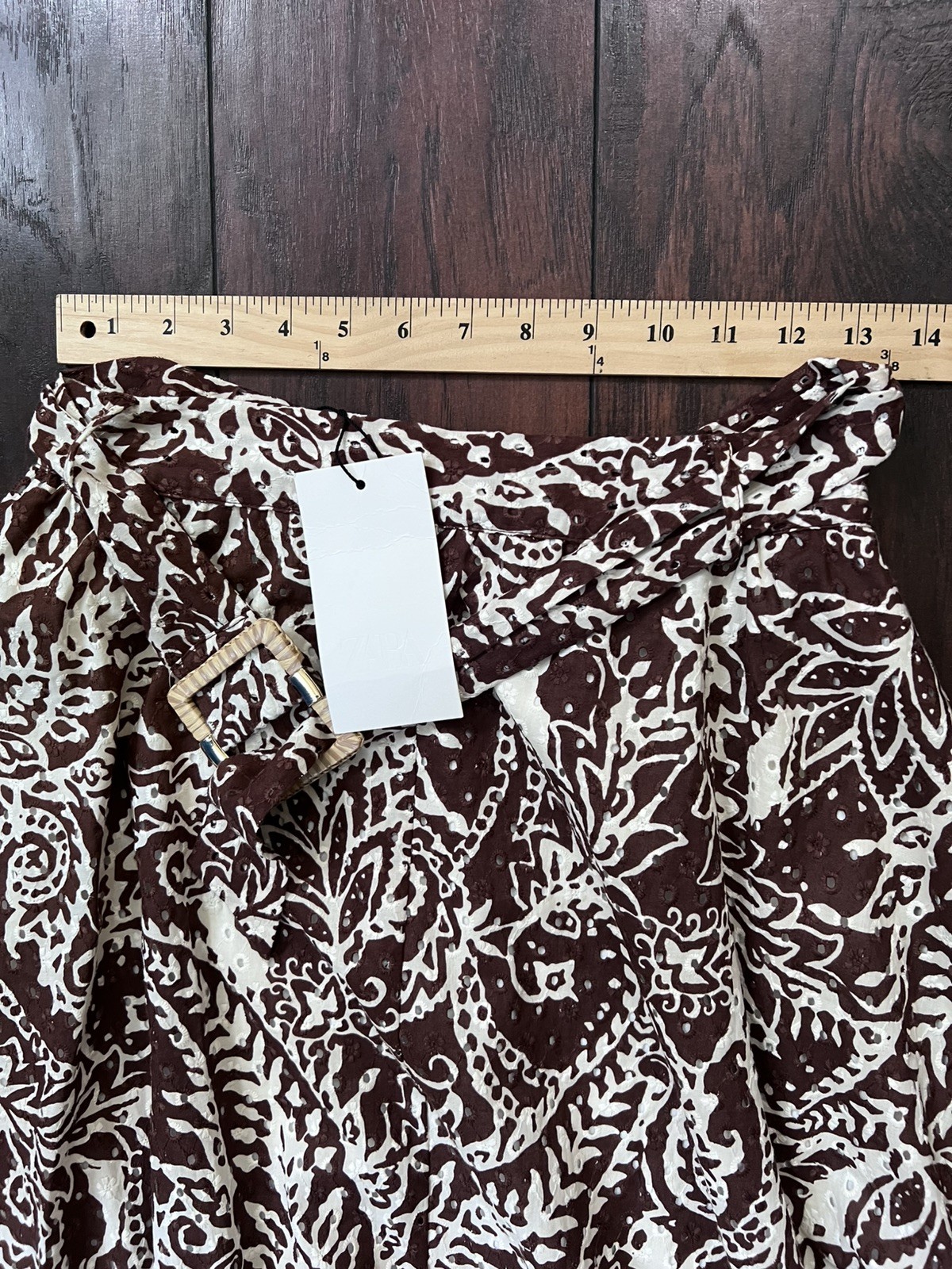 NWT Zara Embroidered Eyelet Midi Skirt Paisley-style Brown A-line Cotton Size S