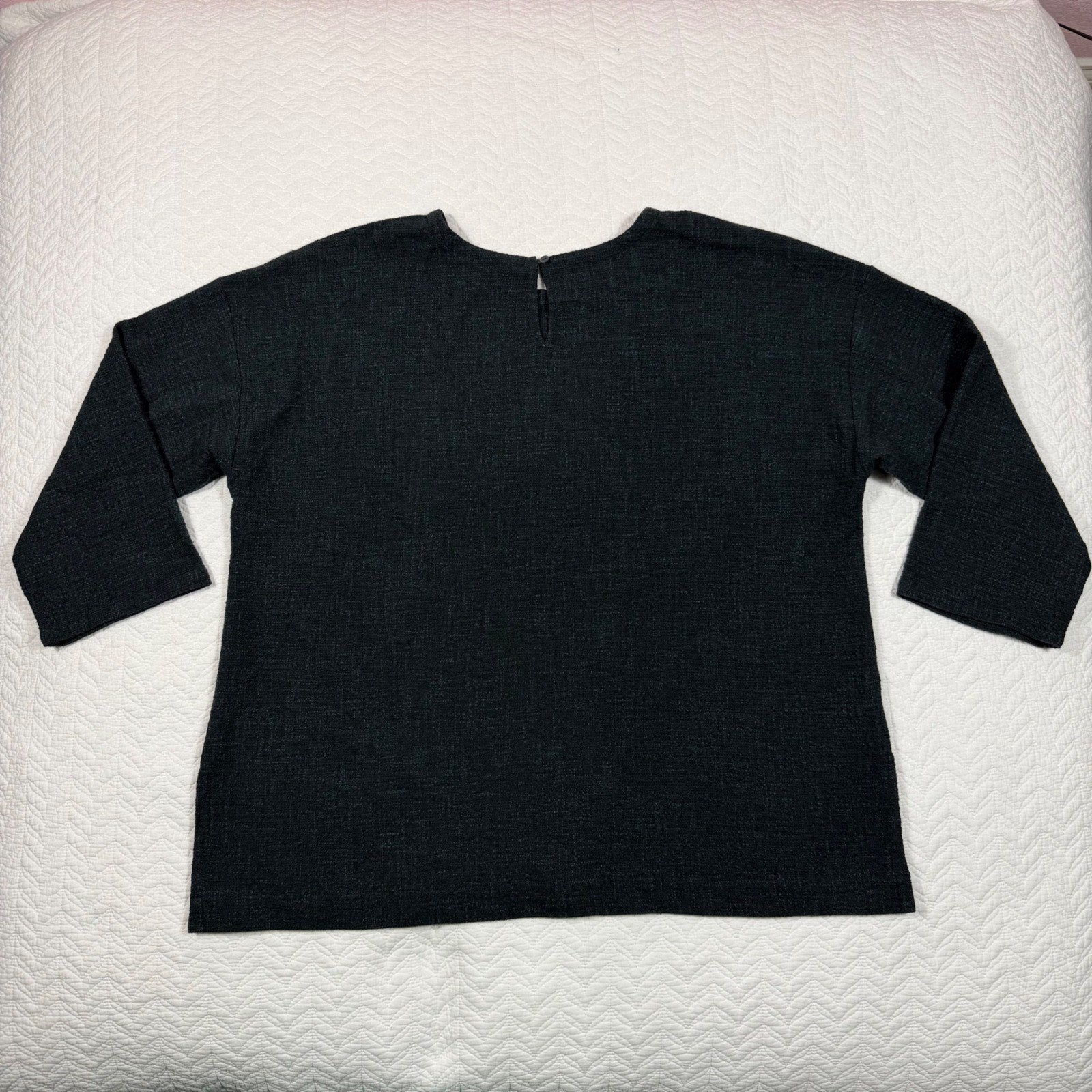 Eileen Fisher Women Top L Textured Knit 3/4 Sleeve Dark Green Minimalist EUC