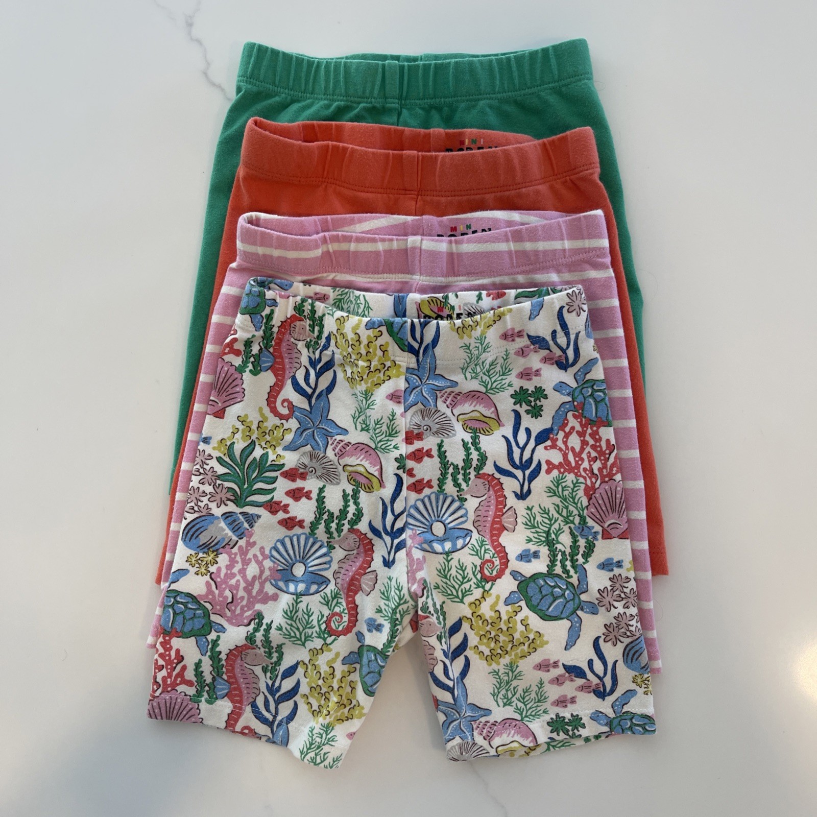 Mini Boden Girls Size 4/5 Bike Shorts 4 Pack Green Coral Pink Striped Sea Life