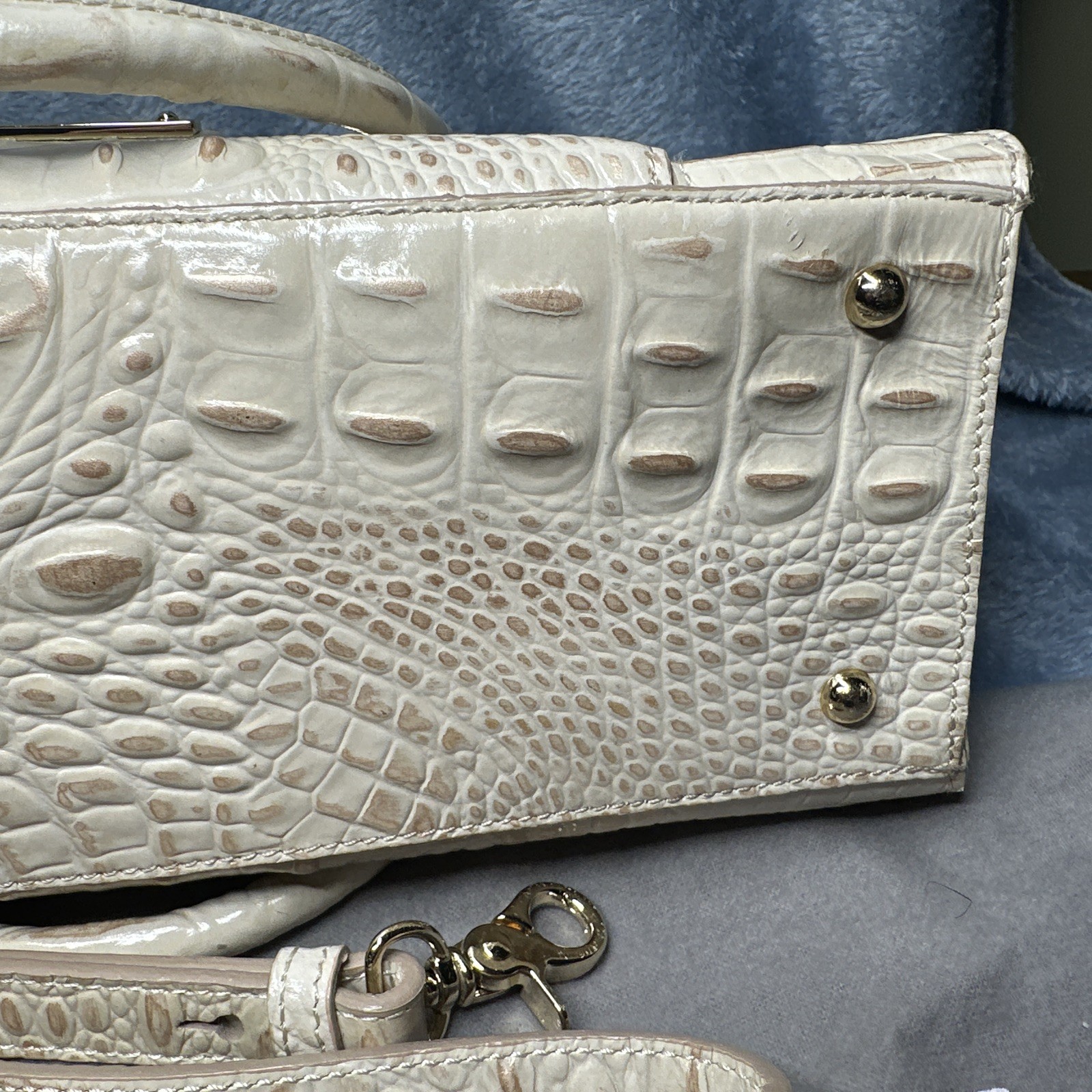 Brahmin Greta Satchel Bag With Crossbody Strap Cream Gold Croc Embossed