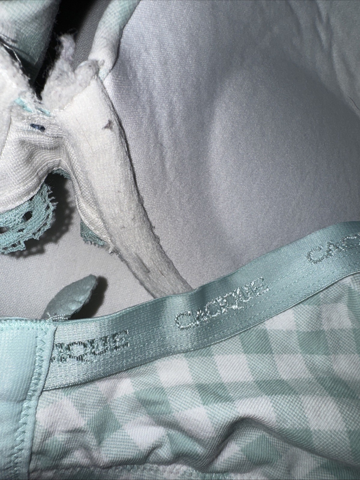 Cacique 40DD Boost Plunge Bra Turquoise And White Lace Gingham Strap