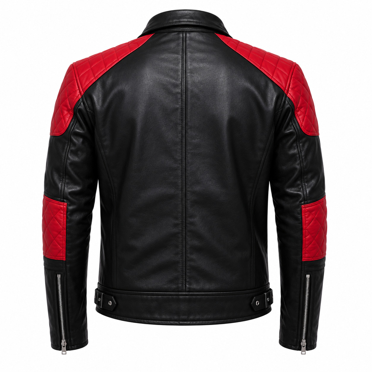 Men’s Black Leather Motorcycle Biker Jacket Red Quilted Slim Fit S-3XL