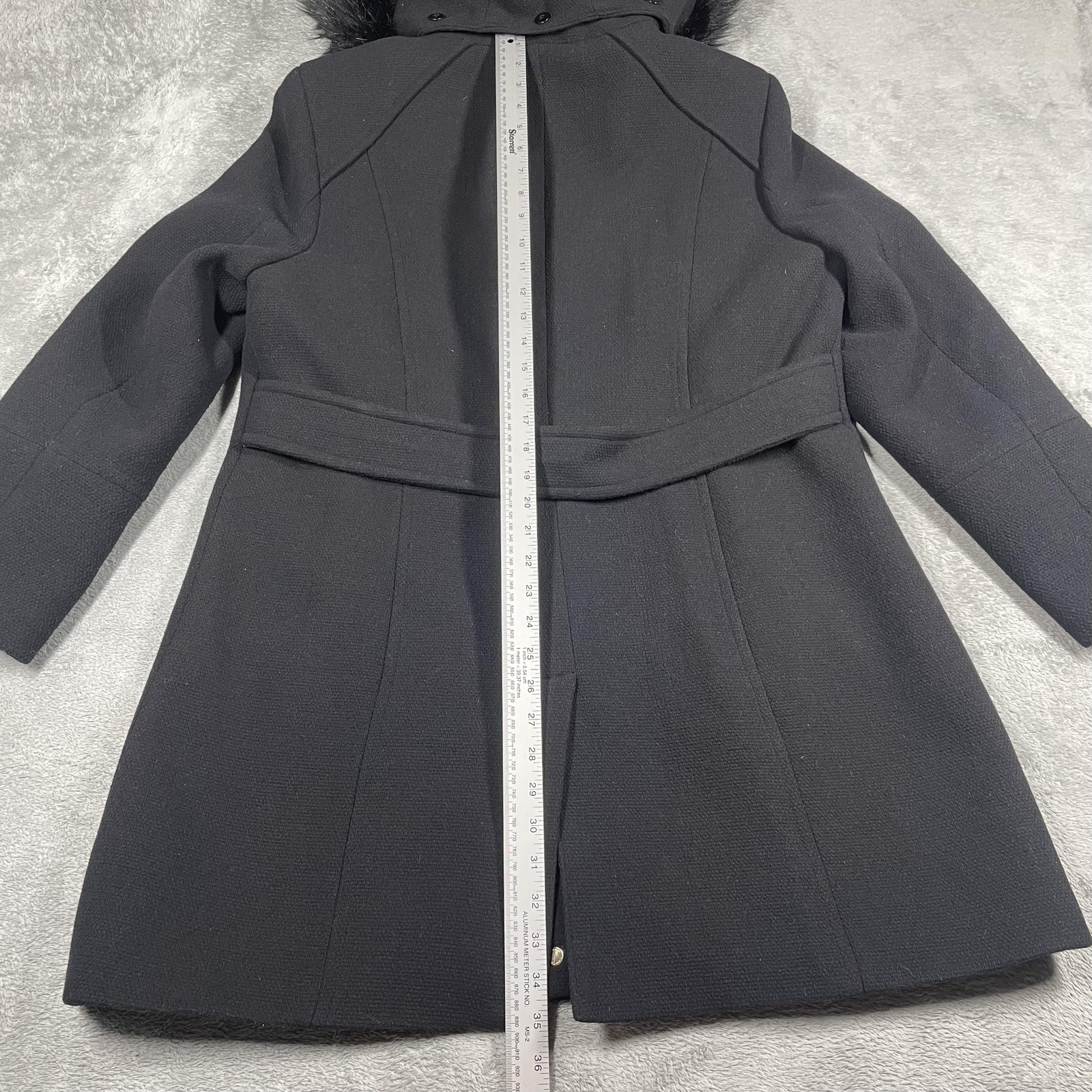 Calvin Klein Coat Womens XL Black Wool Blend Hooded Belted Faux Fur Parka