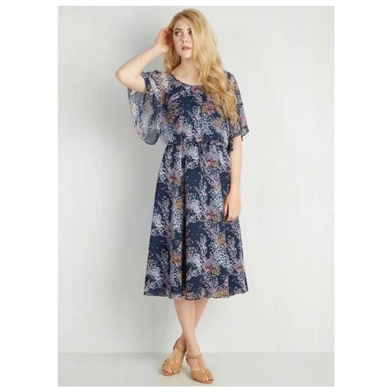 ModCloth Fiore Your Entertainment Flora Navy Blue Floral Cold Shoulder Dress Lg