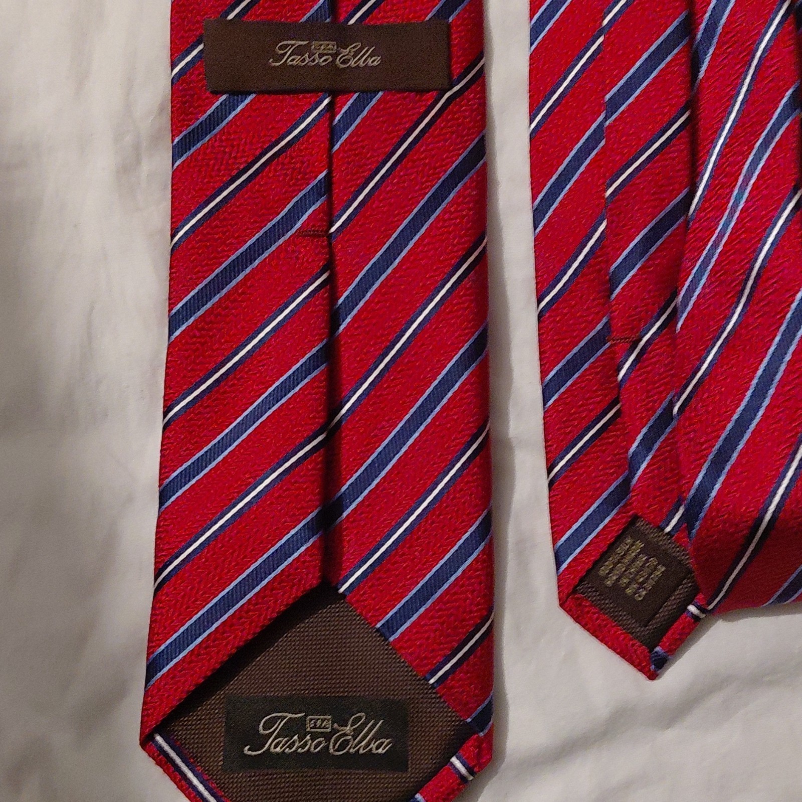 Tasso Elba Red Blue White Striped Woven Silk Men’s Pointed Tie Logo Accent