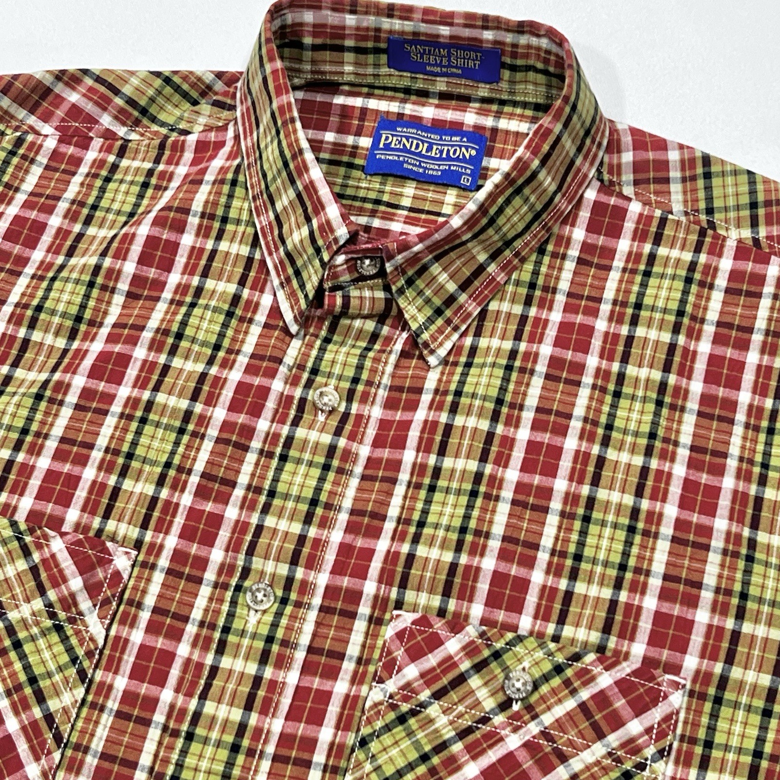 Pendleton Men Button Multicolor Santiam Short Sleeve Lightweight Plaid Sz Large