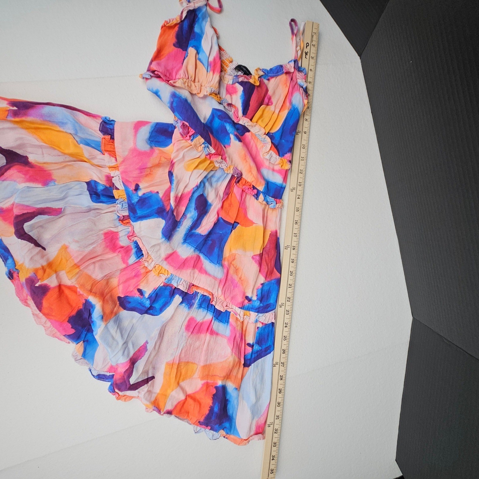 French Connection Abstract Watercolor Tiered Ruffle Mini Dress Multi-Color XXS 2