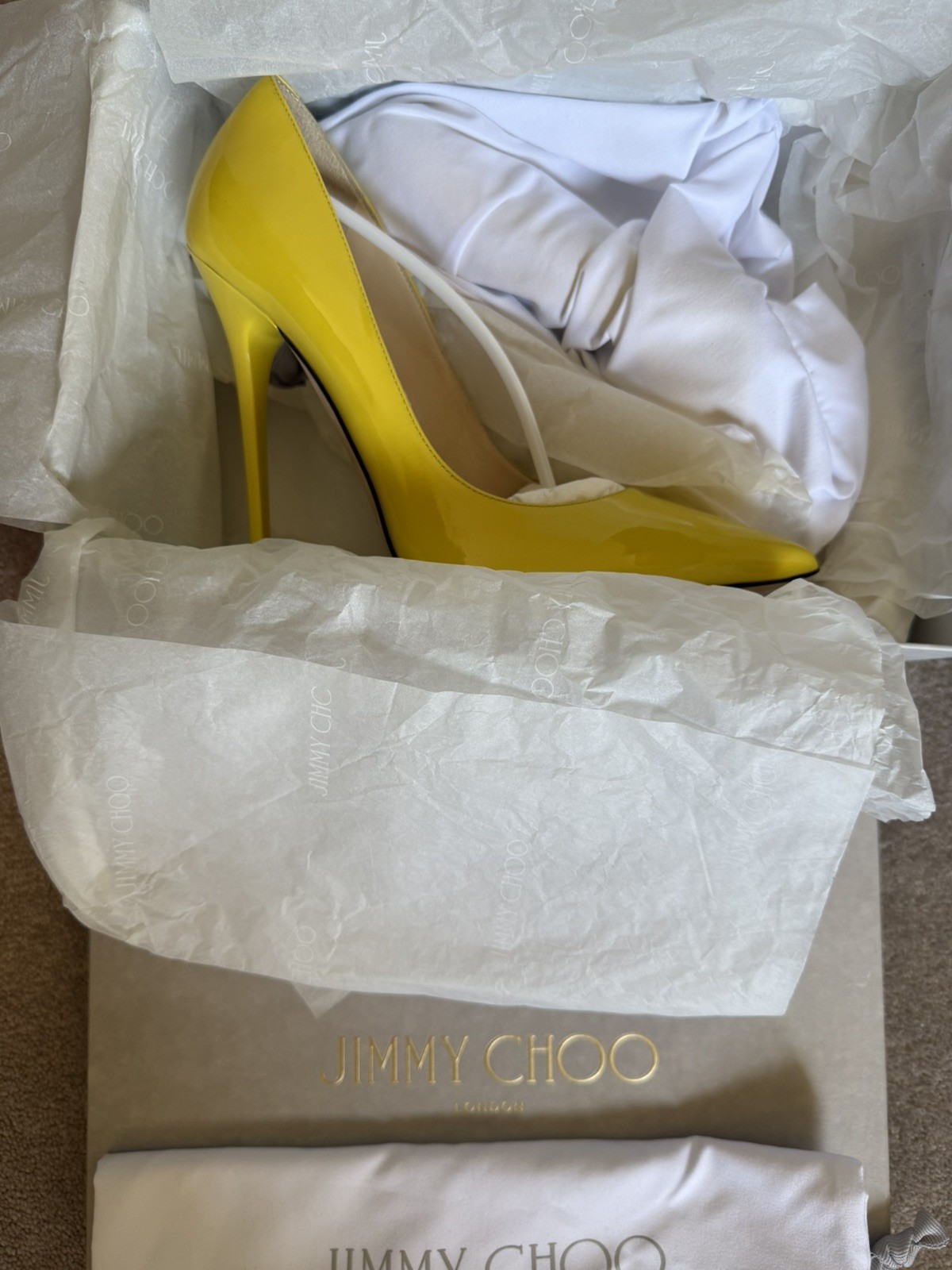 JIMMY CHOO Anouk Tacco 120 Patent Leather Point Toe Pump Yellow US 7 NIB RARE