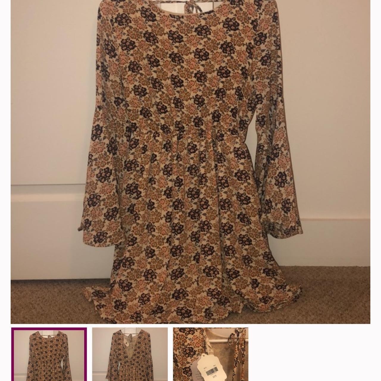 Altar’d State Floral Mini Dress Womens Small Tan NWT Boho Bell Sleeve Open Back