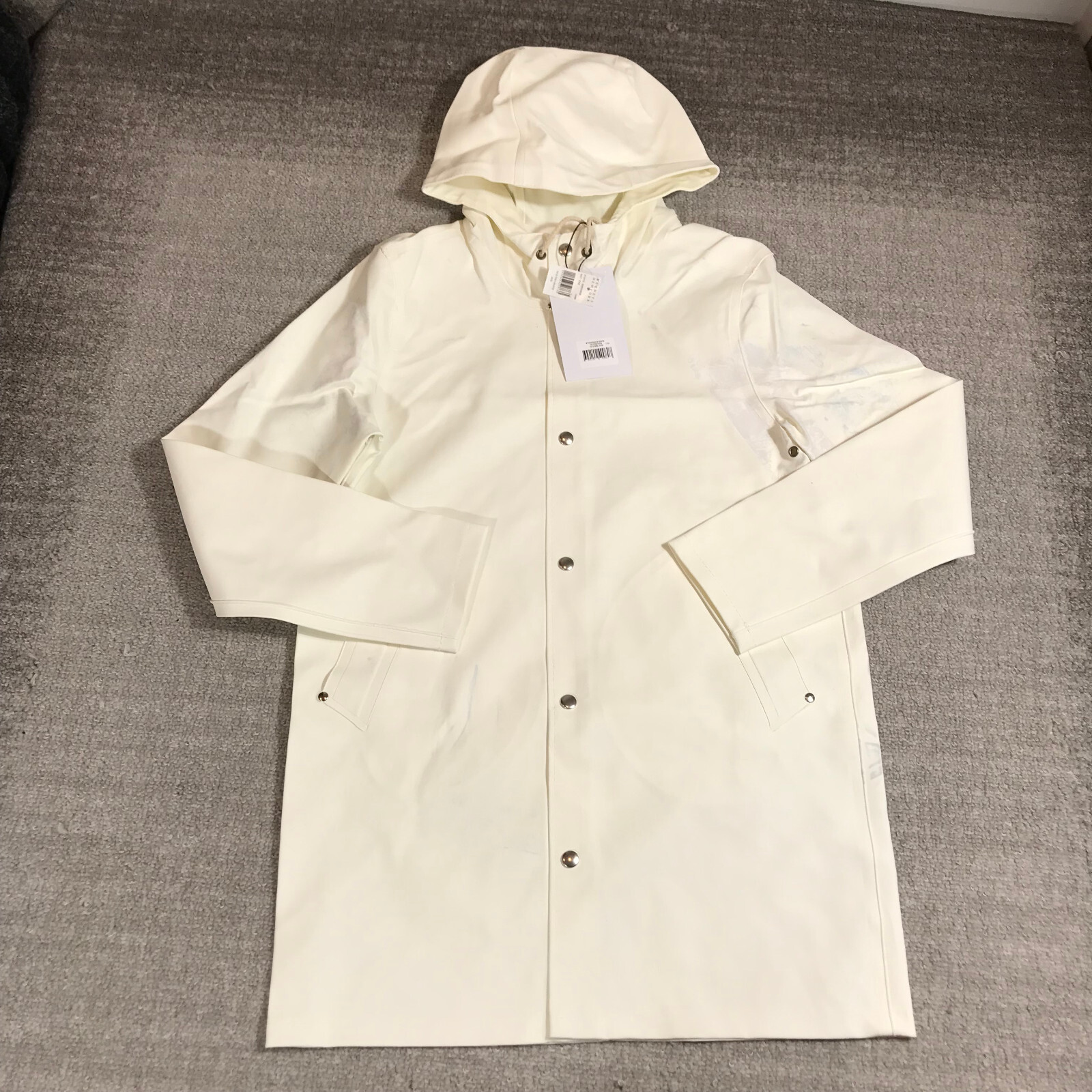 Stutterheim Stockholm Jacket Mens 2XS XXS Raincoat Hoodie Unisex White Thrased