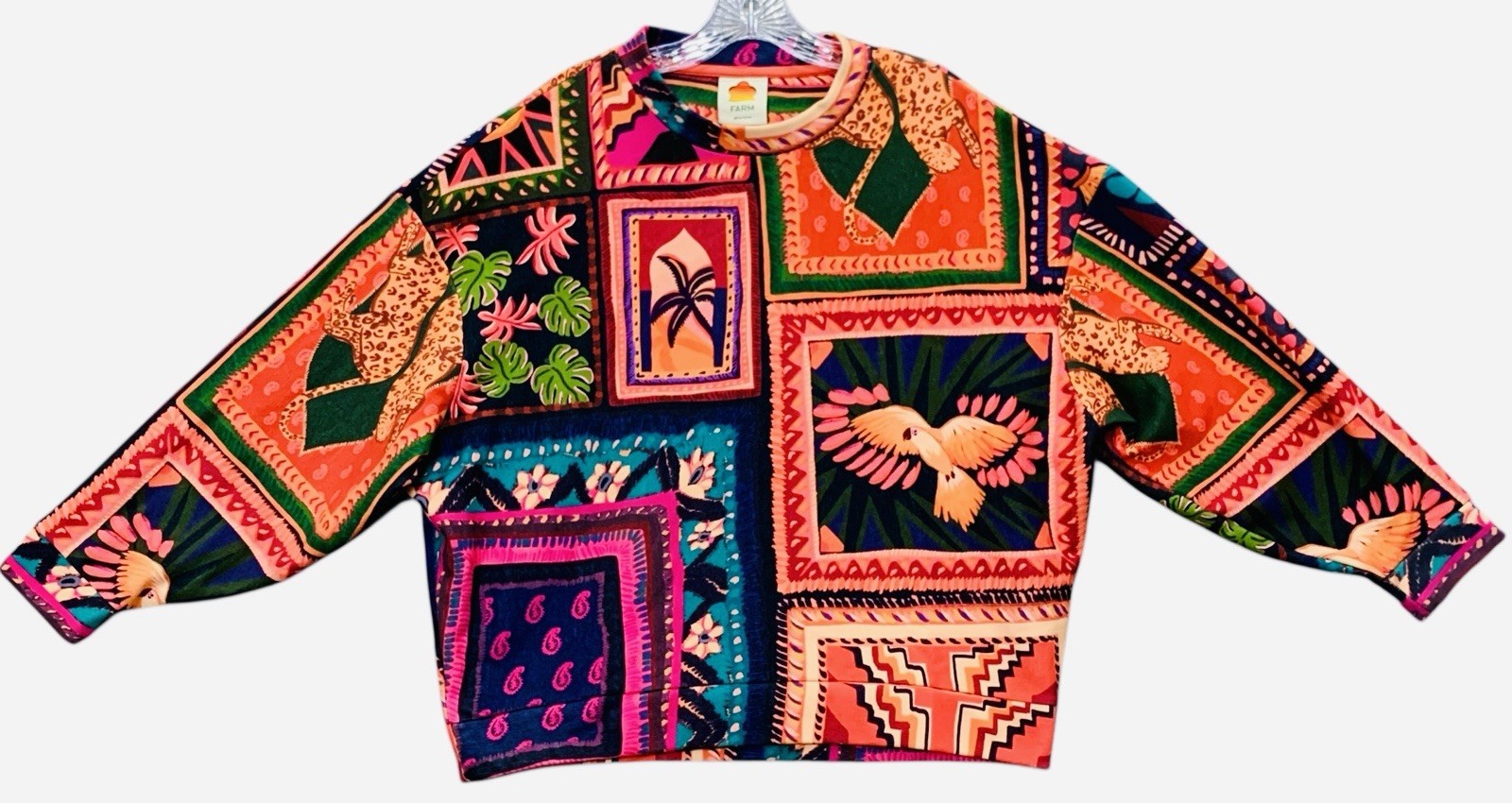 Farm Rio Patchwork Tapestry Sweatshirt Bird Cheetah Colorful Womens Small