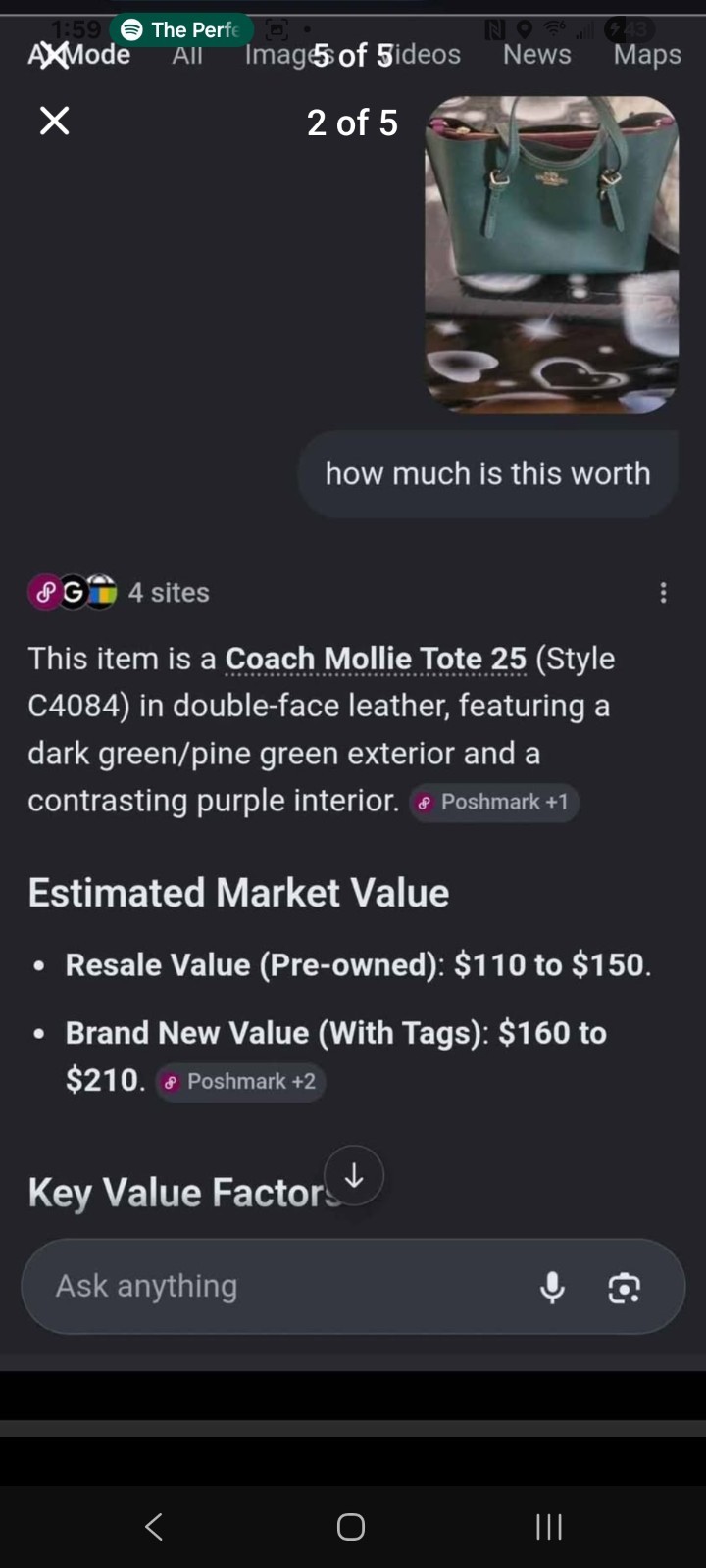 Coach Mollie Tote 25 Green Pebbled Zip Tote Gold Hardware Purple Lining Strap