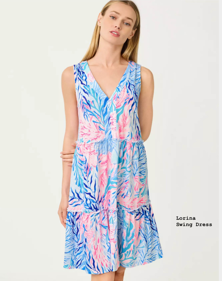 Lilly Pulitzer Sz LARGE Lorina V-Neck Dress in Crew Blue Kaleidoscope Coral- NWT