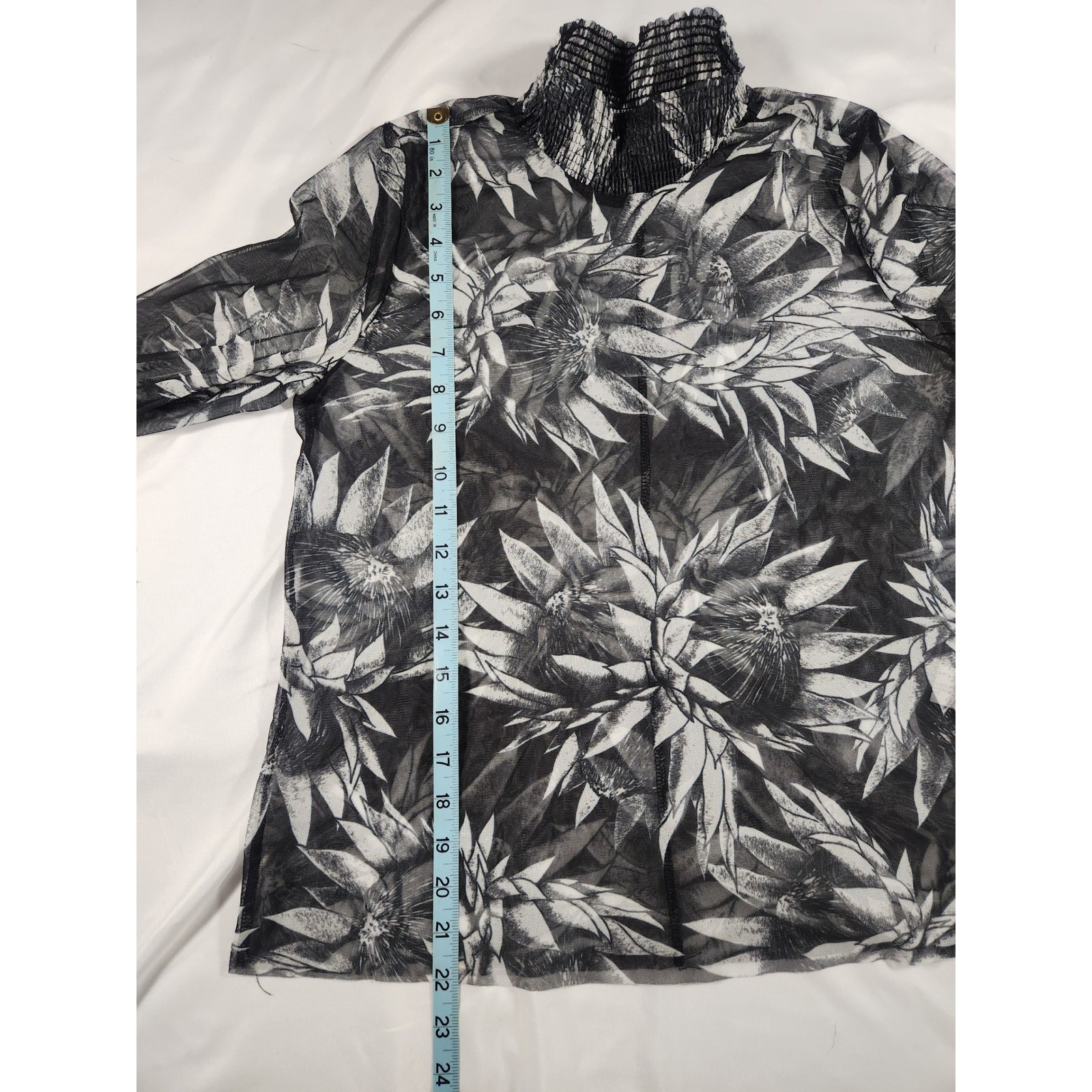 Zara Trafaluc Black White Palm Print Sheer Ruched Neck Balloon Sleeve Blouse S