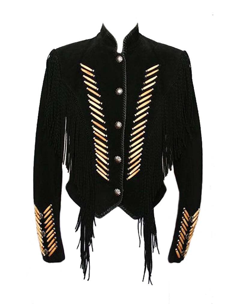Mens New Western Cowboy Black Suede Leather Fringes Bones Warrior Jacket WFJ56
