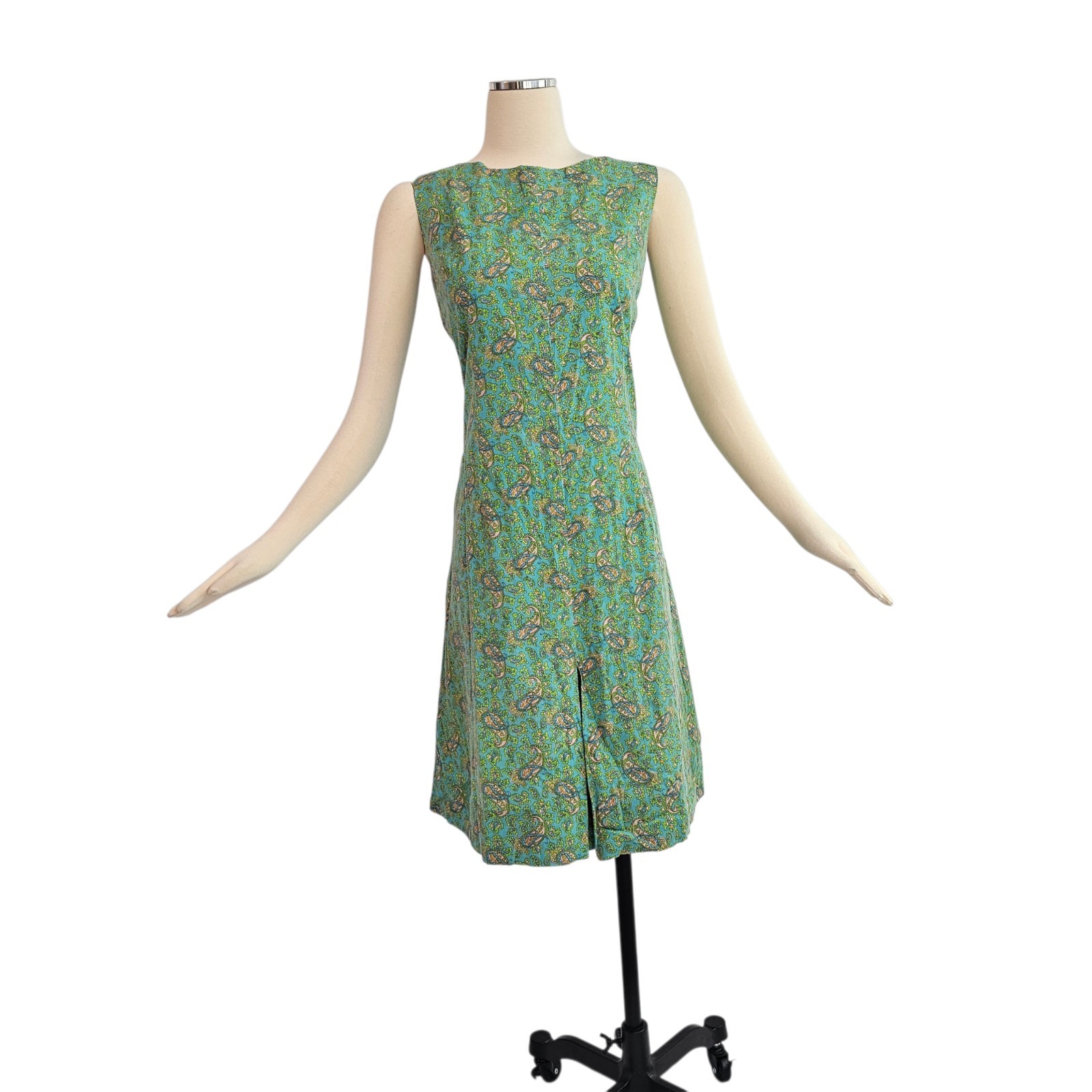 Vintage 1960’s Dress Housedress Shift Blue Green Pink Paisley Sleeveless Retro