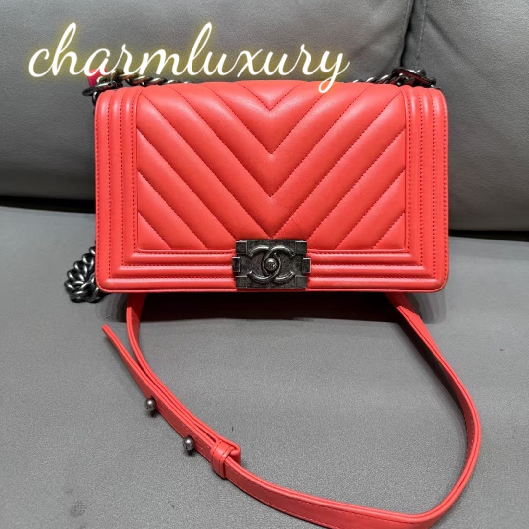 Authentic Chanel Le Boy Medium Coral Red V-Stitch Ruthenium Hardware