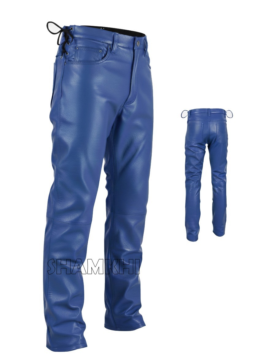 Men’s Waist Laces Genuine Blue Leather Pant Adjustable Waist Pants Straight Legs