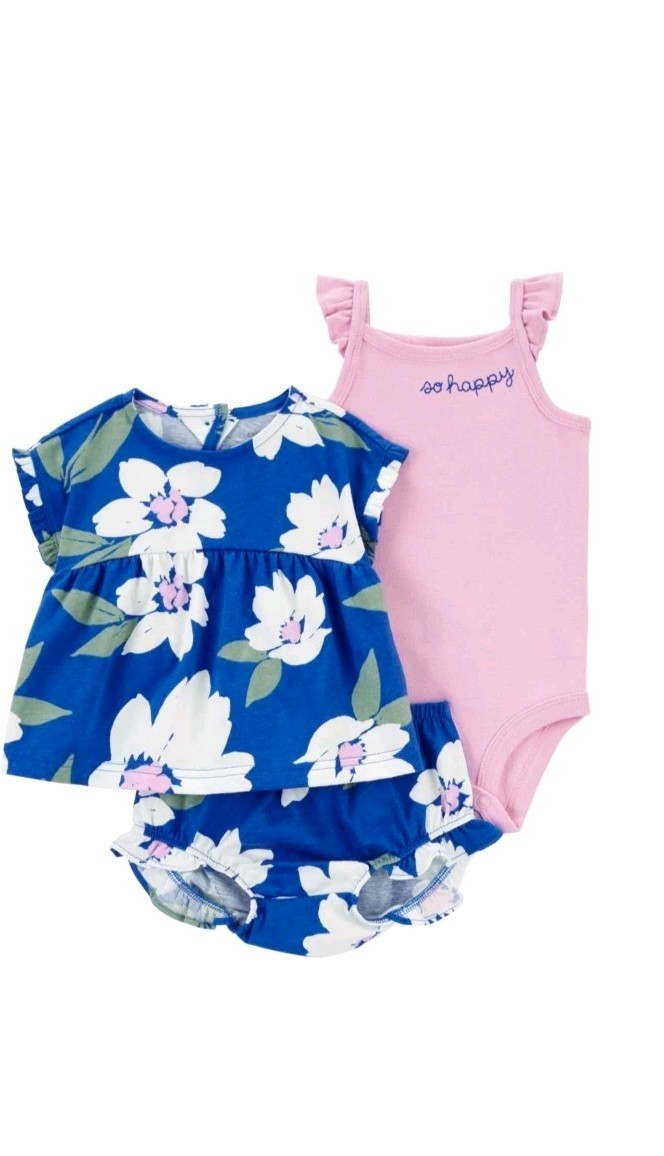Carters Baby Girl Size 9 Months 3 Piece Floral Dress Bottoms & One-piece NEW