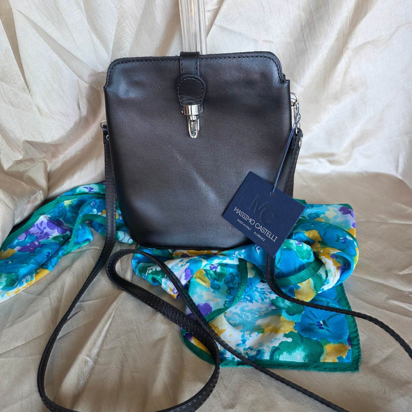 Massimo Castelli Black Leather Crossbody Bag Made in Italy Florence NWT