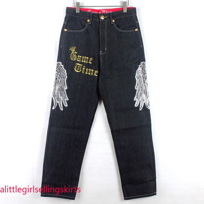 Mens Jeans Denim Embroidery Casual Pants Trousers Hip-Hop Relaxed Black W30-W46